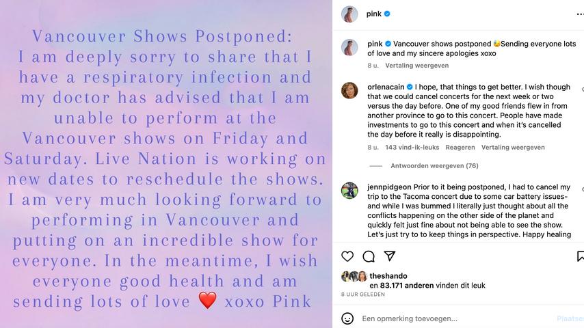 P!NK annuleert optredens vanwege luchtweginfectie